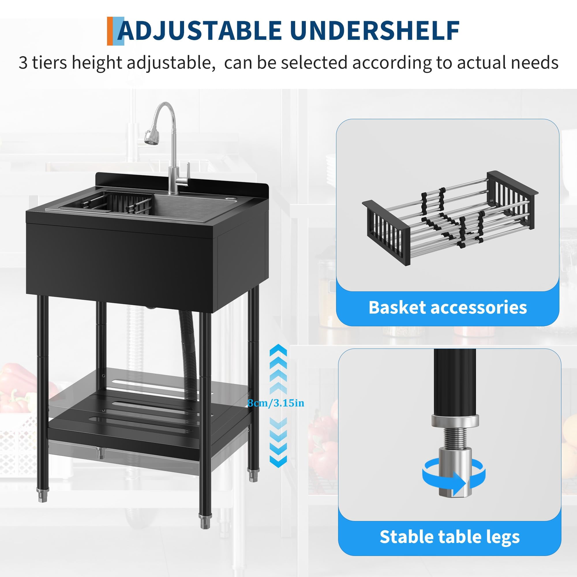 Freestanding Commercial Stainless Steel Utility Sink 26" Single Bowl with Black Powder Coated Finish, Hot & Cold 360° Swivel Faucet Garage, Outdoor