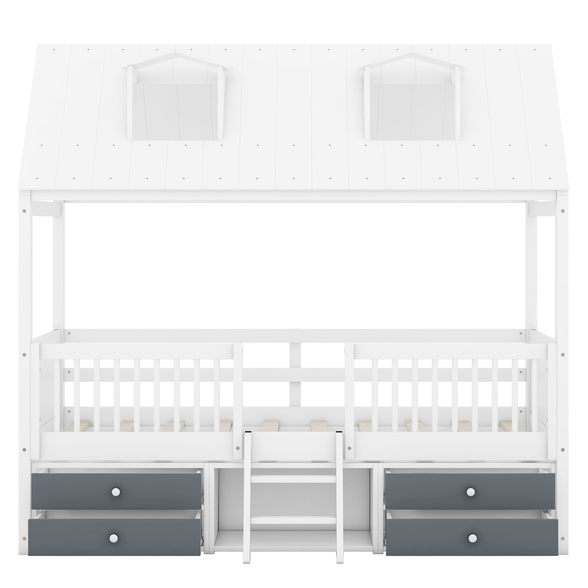 Harper & Bright Designs Twin Size Wood House Bed Frame with Fence and 4 Storage Drawers, Kids Playhouse Tent Bed with Roof and 2-step Ladder for Boys Girls Teens Bedroom, White