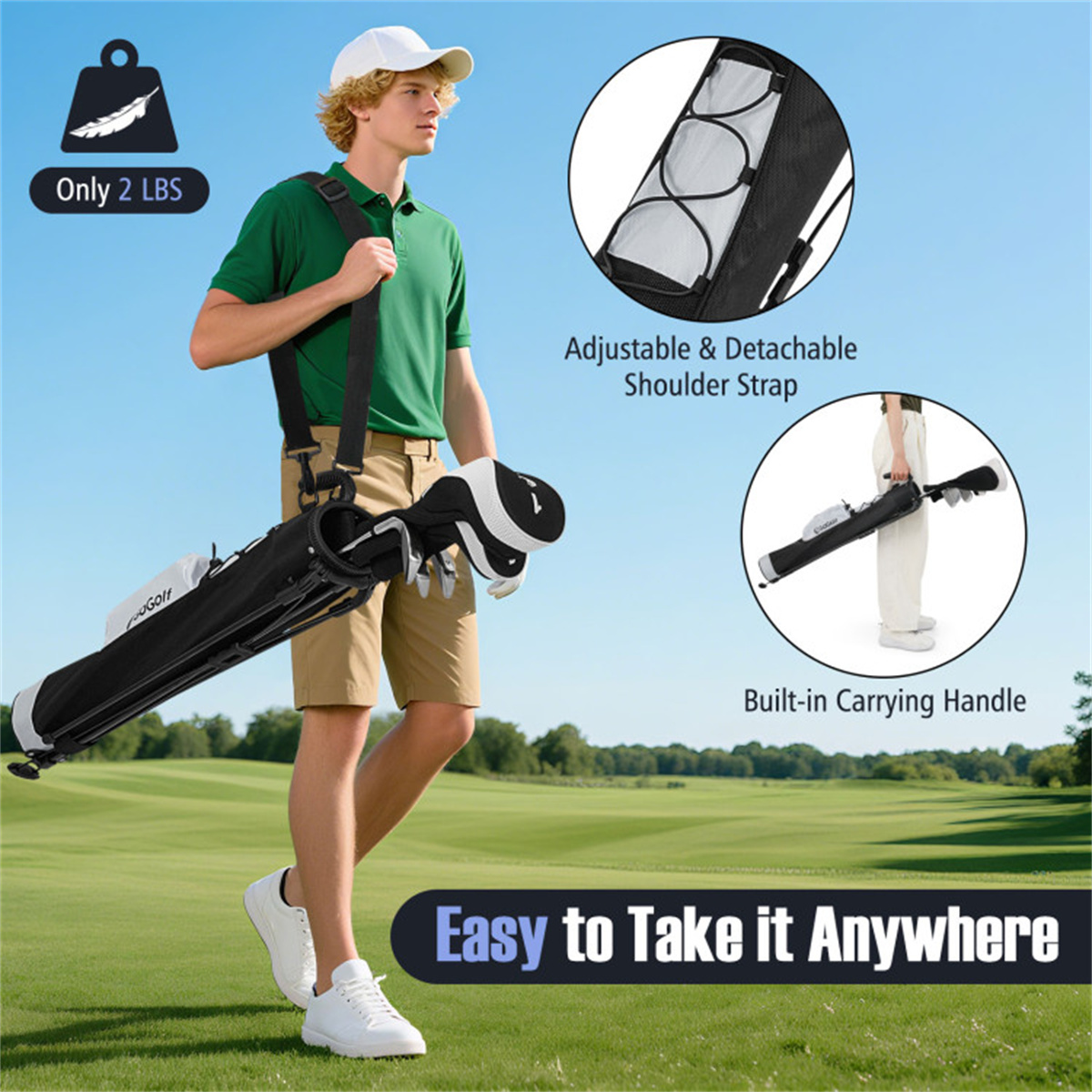 Lightweight Golf Stand Bag with Stand, 2 lbs Carry Bag, Dual Carry Options, Zippered Pocket & Drink Holder for Weekend Golfers, Grey and Black