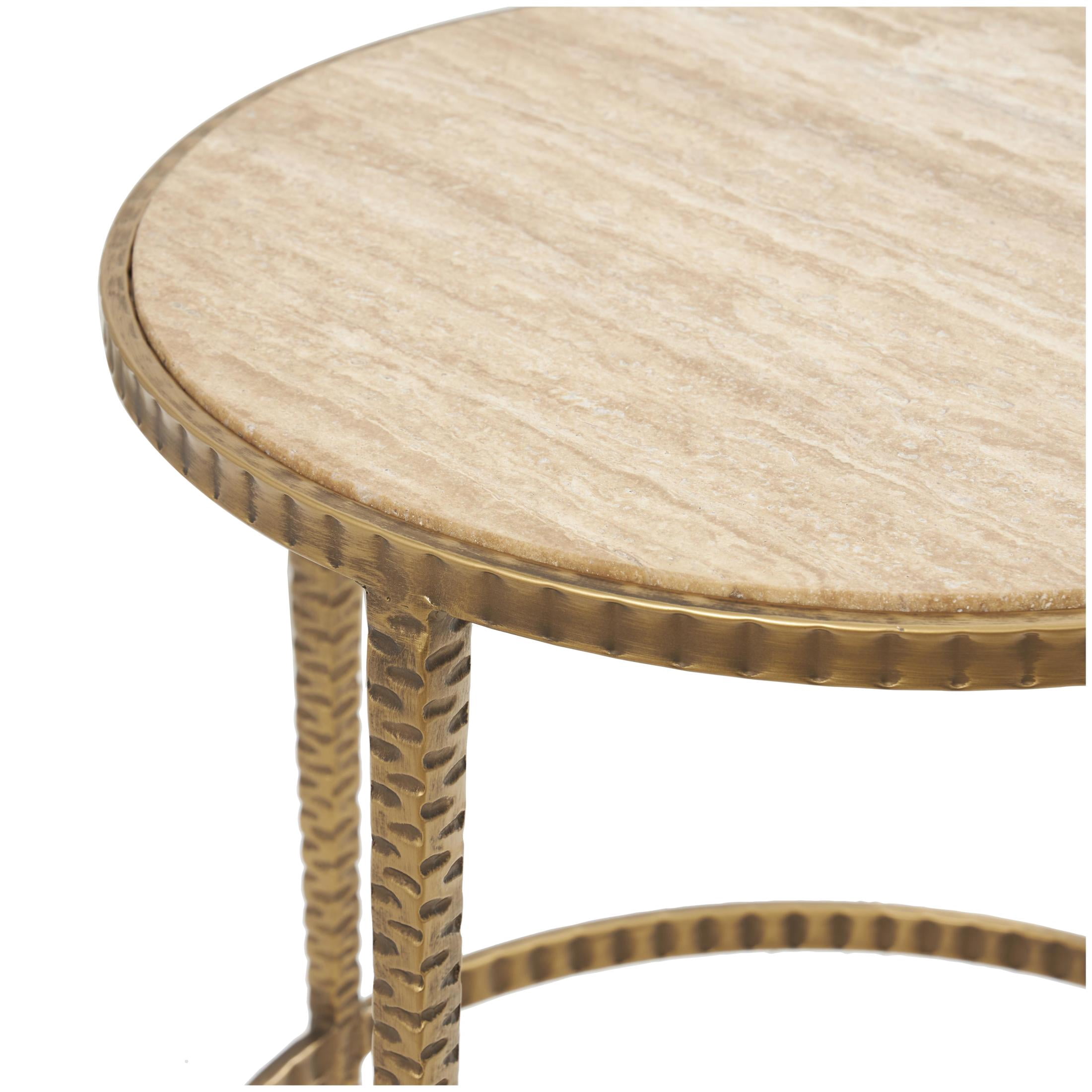 DecMode 19" x 20" Beige Marble Round Accent Table with Hammered Gold Metal Legs, 1-Piece