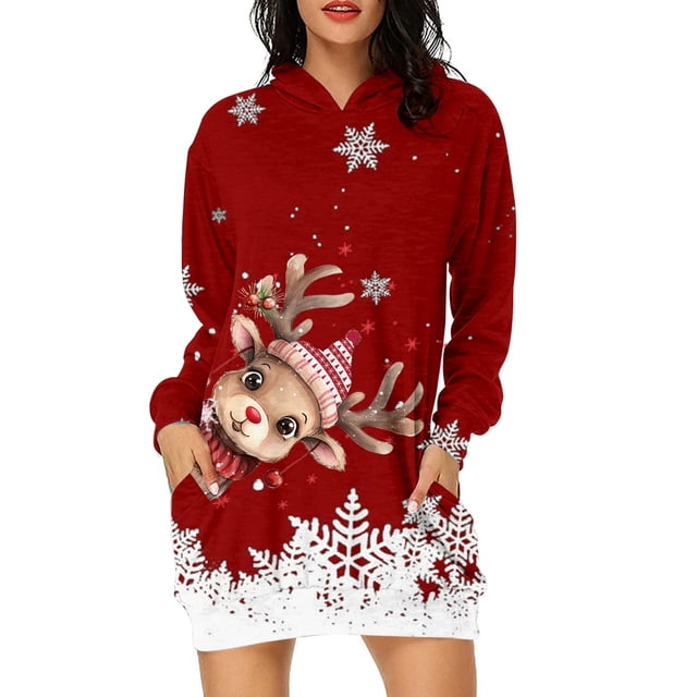 WILLBEST Sudadera Deportiva para Mujer Sudadera Larga con Capucha, Estilo Casual, con Estampado de Ciervos Navideños, Ideal para Otoño E Invierno X-Grande
