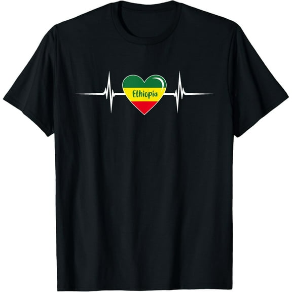 men and women can wear，Heartbeat Design Ethiopian Flag Ethiopia T-Shirt