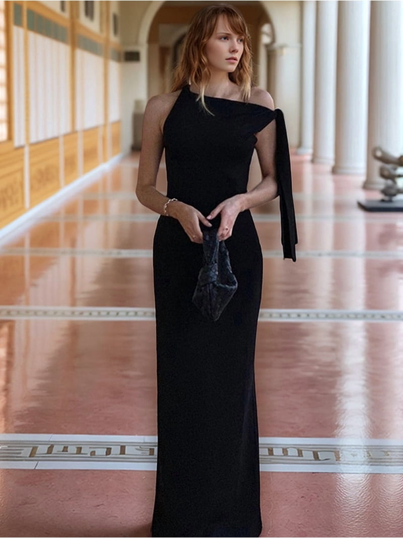 Women One Shoulder Dresses with Bows Long Sheath Satin Light Color L