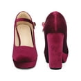 thumbnail image 2 of BLISSFUL STEP Women's Platform Mary Jane Heels Chunky Heel Ankle Strap Faux Velvet Pumps Burgundy 6, 2 of 6