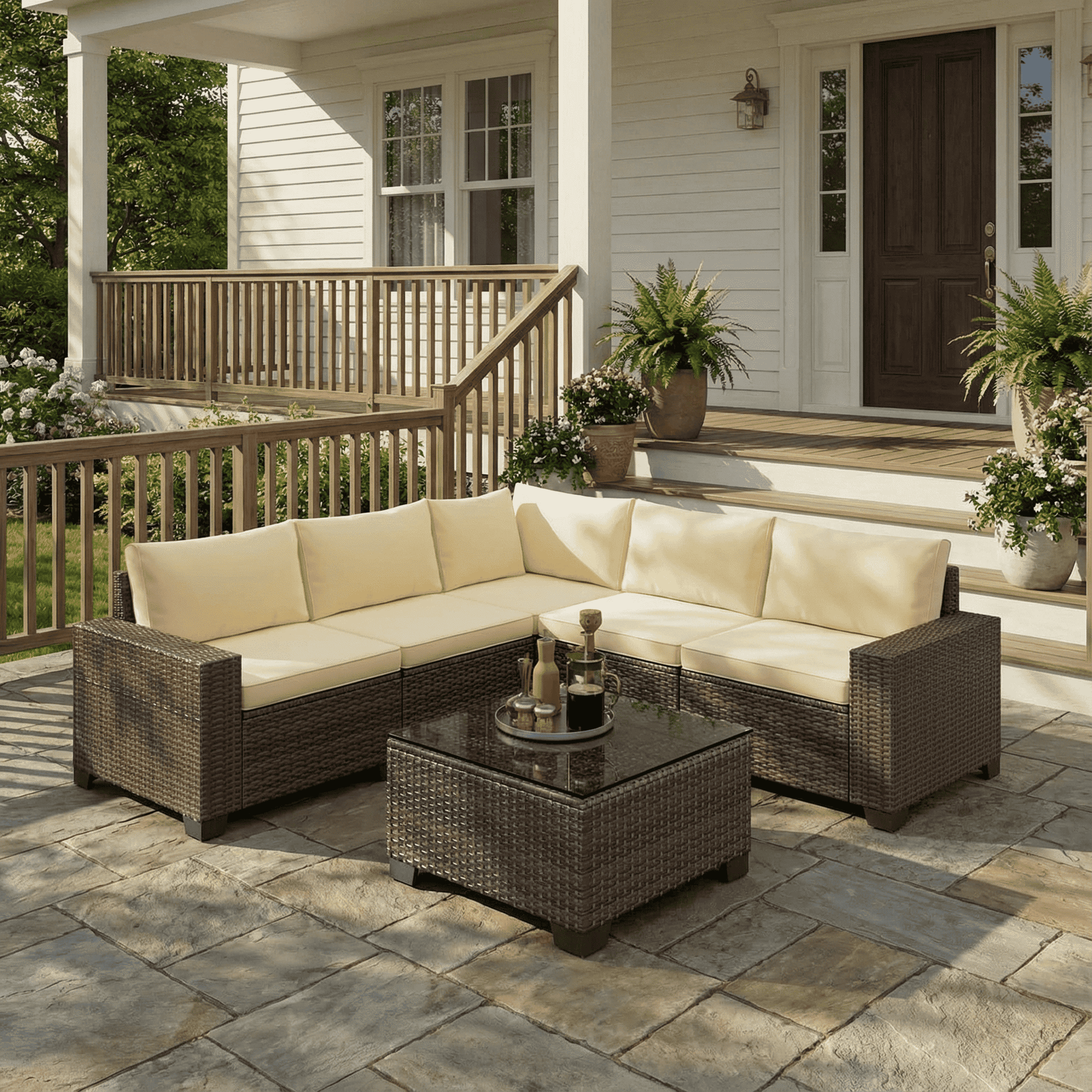 Aiho 6 Pieces Patio Conversation Set, Outdoor Sectional Sofa with All-Weather PE Rattan Wicker, Beige Cushioned Seating for Backyard, Garden, Poolside