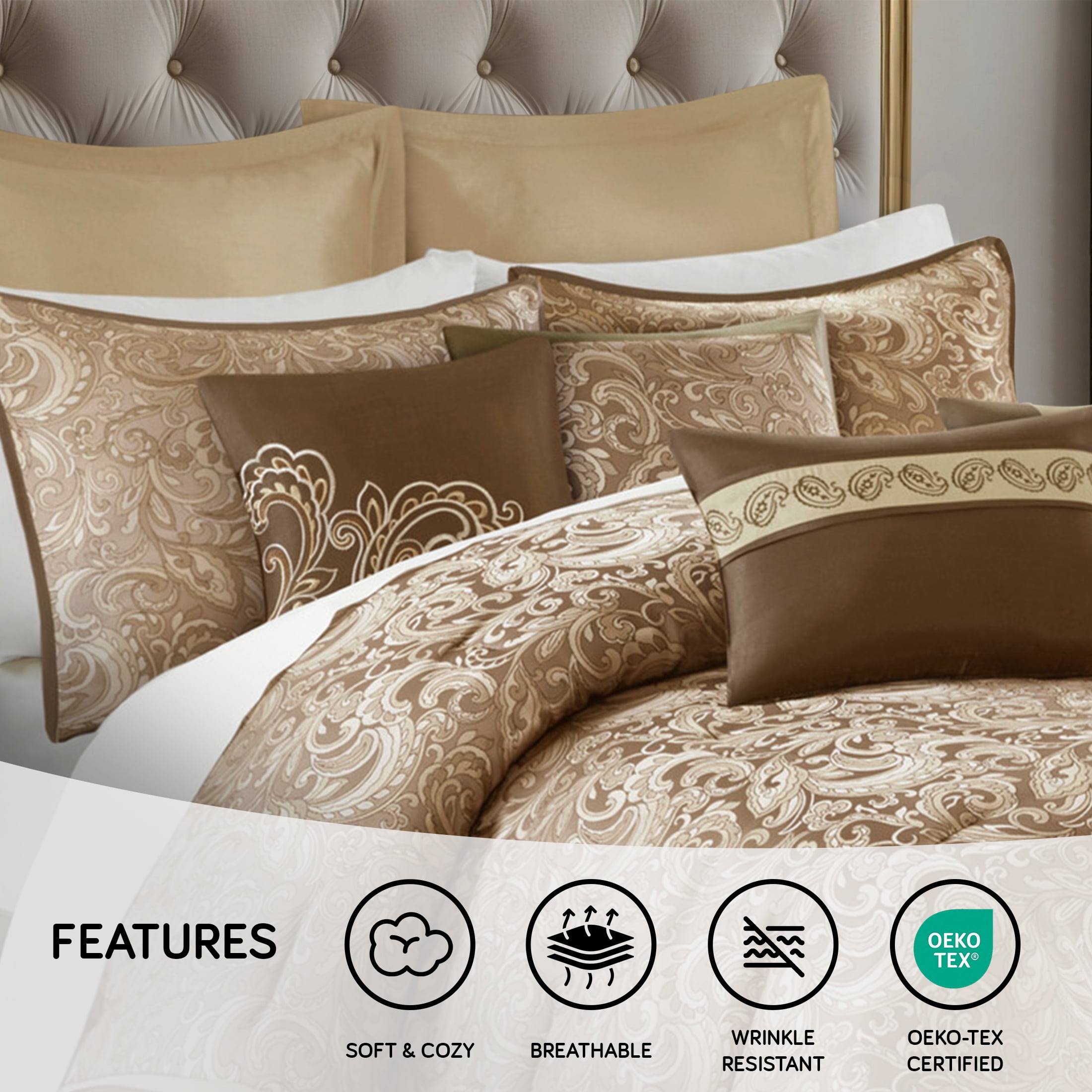 Regency Heights 24PCs Traditional Paisley Jacquard Comforter Set with Window Curtains,Room in a Bag,Queen,24 Pieces-Brown
