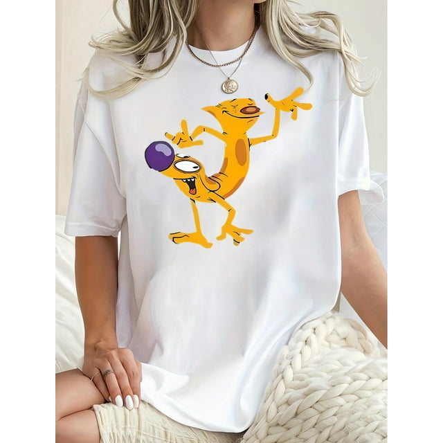 Women's Fun Cartoon Character Print Tee - Casual Crew Neck Short Sleeve T-Shirt, Stretchy & Machine Washable, Perfect for Summer