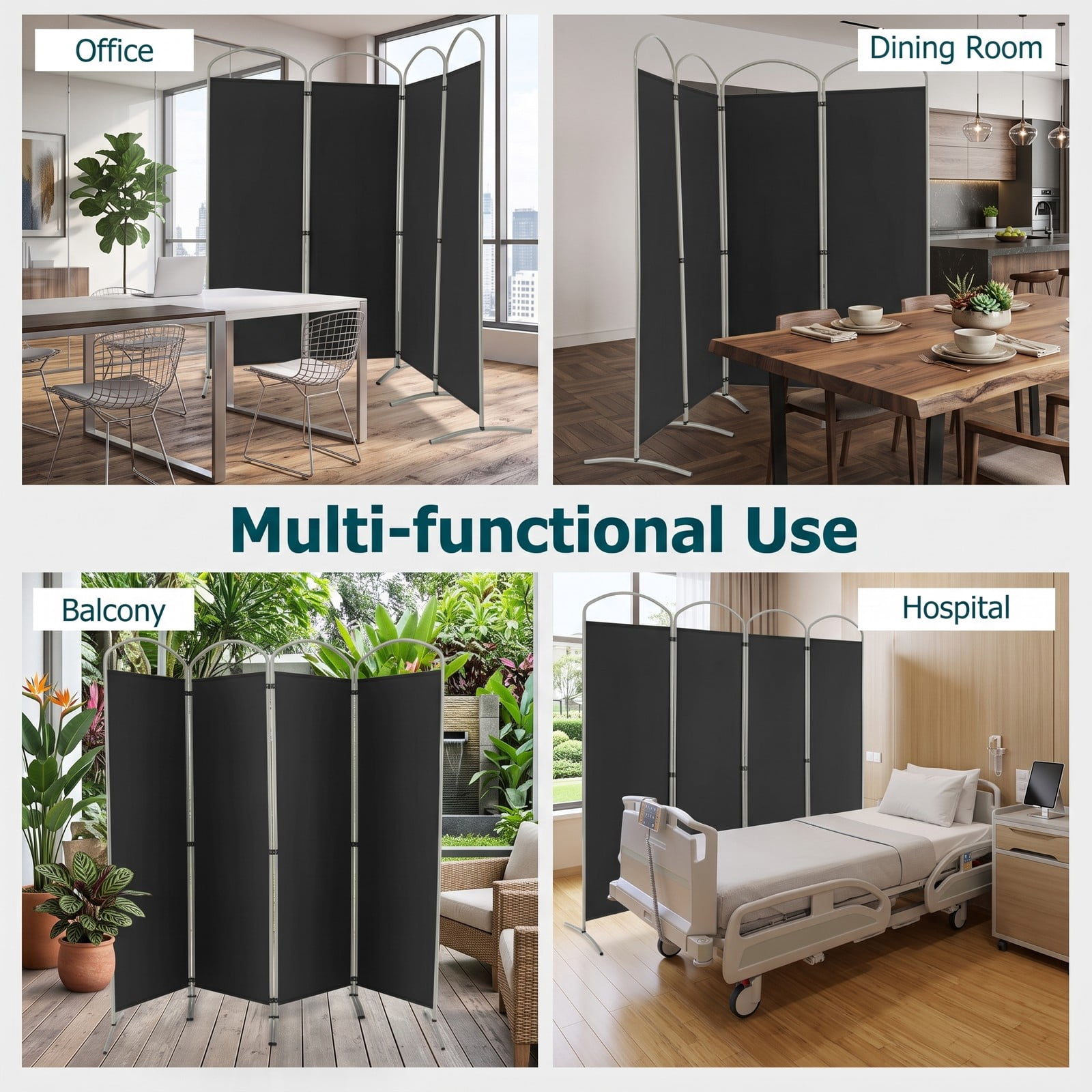 ALPULON 6.2Ft Folding 4-Panel Room Divider Freestanding Privacy Screen Partition for Home Office Living Room Bedroom, Polyester Fabric with Metal Base, Black