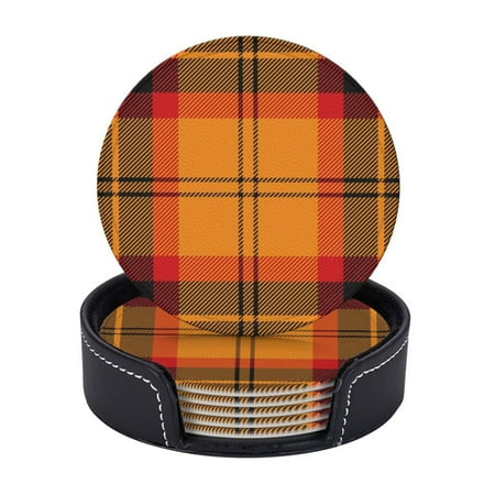 

6 Pcs Leather Coasters Orange Red And Black Tartan Plaid Coasters For Drinks Cup Mat Pad Housewarming Gift Ideal For Home Decor
