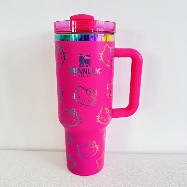 Hello Kitty Vaso Stanley aislado genérico, 1 juego de vaso de 40 onzas con asa y tapa de popote, taza aislada reutilizable de acero inoxidable para botella de agua, vaso de 40 onzas con asa