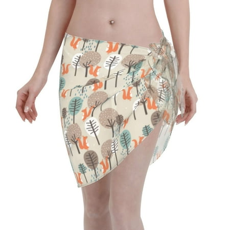 Qekee Squirrels and Trees Women s Short Sarongs Cover Ups Sheer Bikini Wraps for Swimwear