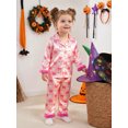 thumbnail image 5 of RUINIXCW Toddler Baby Girl Halloween Silk Stain Pajamas Set Kids Fall Sleepwear Ghost Pumpkin Fur Cuffs Long Sleeve Button Down Shirt and Pants Set Homewear Loungewear 1-6 Years, 5 of 9