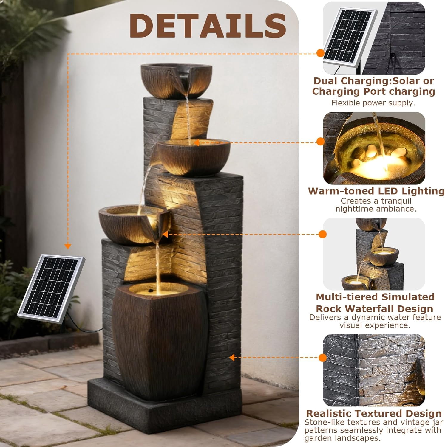 38.2" Tall Solar Water Fountain Outdoor Garden,4 Tiers Modern Cascading Bowls and Stacked Stones Solar Powered Fountains with LED Lights for Garden, Patio, Deck, Porch, Backyard, Lawns