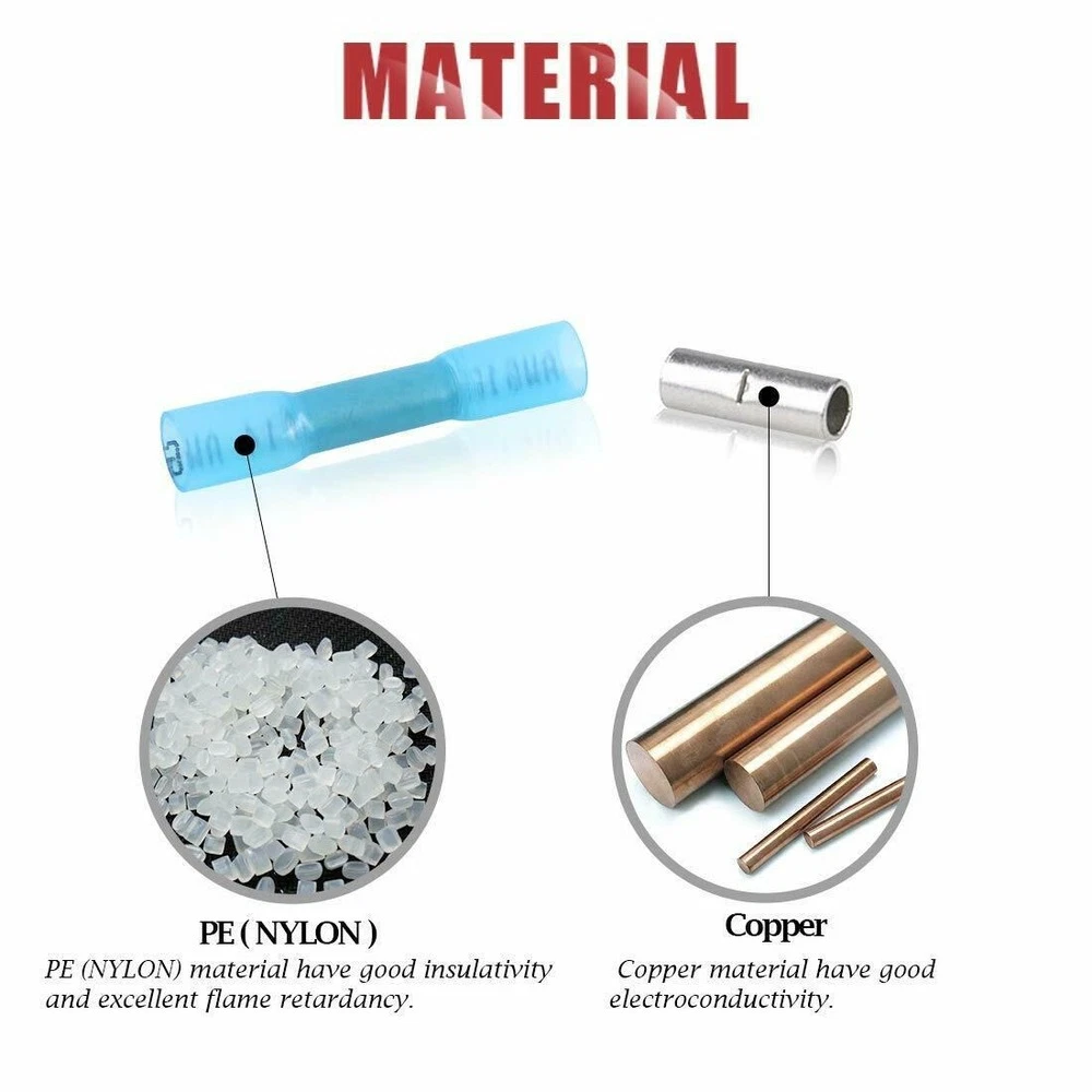 Blue Heat Shrink Butt Wire Connectors Crimp Terminals AWG 16-14 Gauge US