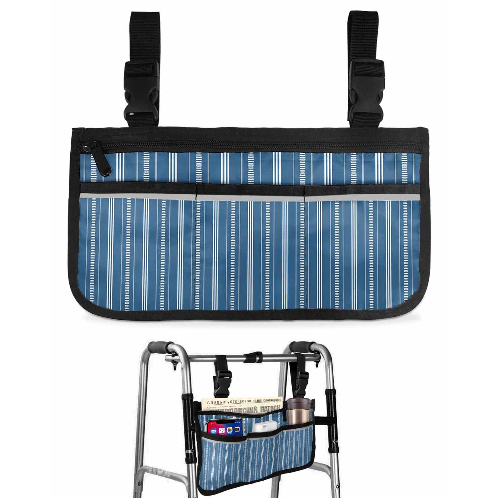 Sky Blue Stripes Wheelchair Side Bag with Cup Holder, Classic Minimalist Stripe Modern Geometric Wheelchair Armrest Bag Storage Pouch Adults, Seniors for Walkers, Rollator, Scooter