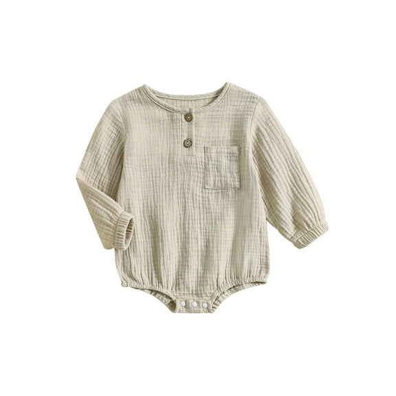 Infant Baby Boy Jumpsuit Solid Color Round Neck Long Sleeve Button Romper with Pocket Cotton Onesies