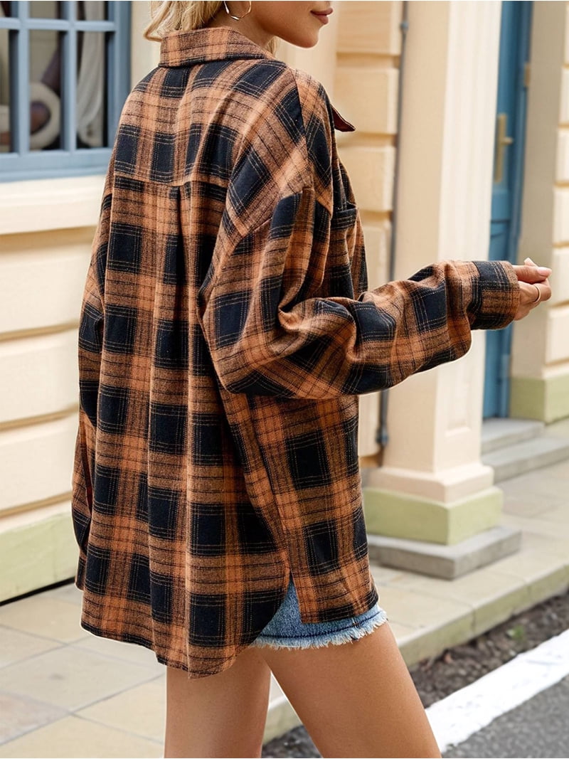 Womens Button Down Flannel Shirts Long Sleeve Plaid Shackets Business  Casual Blouse Top Coffee Color S - Walmart.com, image size:800x1067