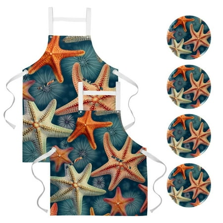 

Aprons for Women Men Chef With Pockets - 2 Pack Starfish in the Ocean Adjustable Bib Apron Kitchen Restaurant Aprons for Women Men Chef BBQ Drawing Crafting Outdoors-4 Badges