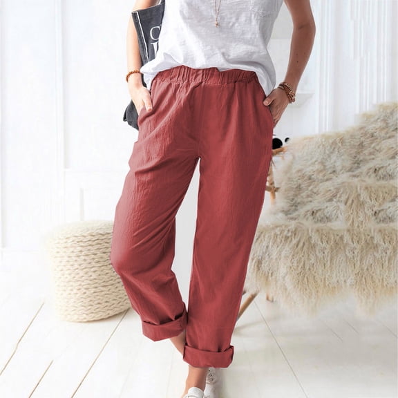 QUINDOS Women Pants Straight Leg Long High Waisted Casual Pants Cotton Linen Relaxed Fit Trousers with Pockets