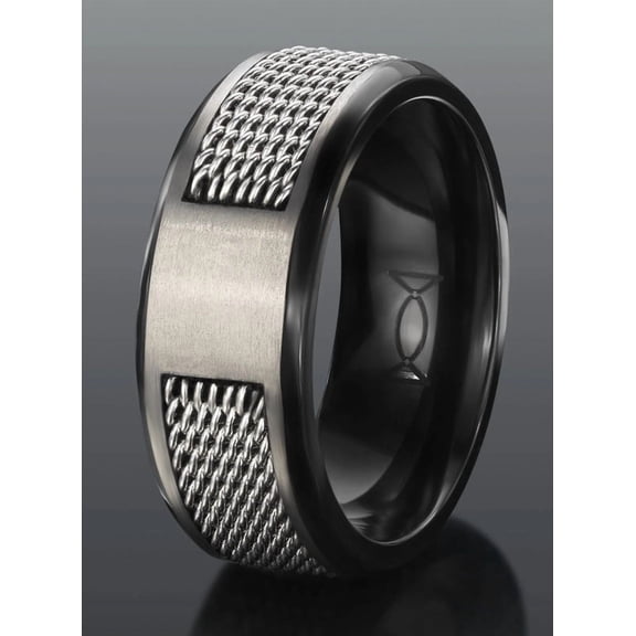 Black Zirconium Men’s Ring with Silver Steel Net Wire – Lightweight & Modern Hypoallergenic Band
