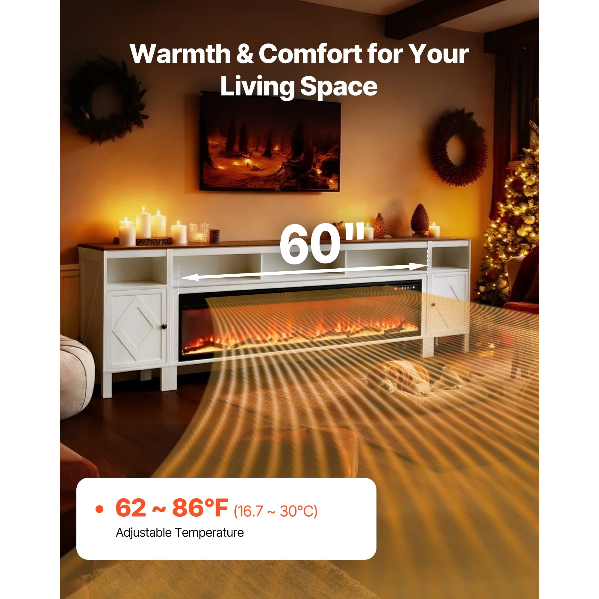 KFFKFF Farmhouse Fireplace TV Stand for TVs up to 100 Inches, Entertainment Center with 60-Inch Electric Fireplace & Storage Drawers, Remote-Controlled, White Finish
