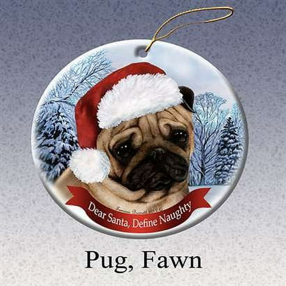 Fawn Pug Dog Santa Hat Christmas Ornament Porcelain China USA-made