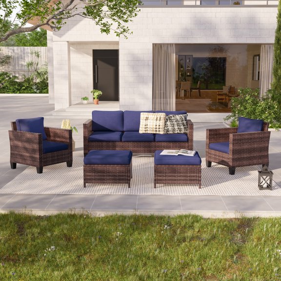 ACEGOSES 5-Piece Patio Sofa Set Brown Rattan Outdoor Furniture Set Three-Seat Sofa Ottomans Suiting Backyard, Poolside and Patio,Navy Blue