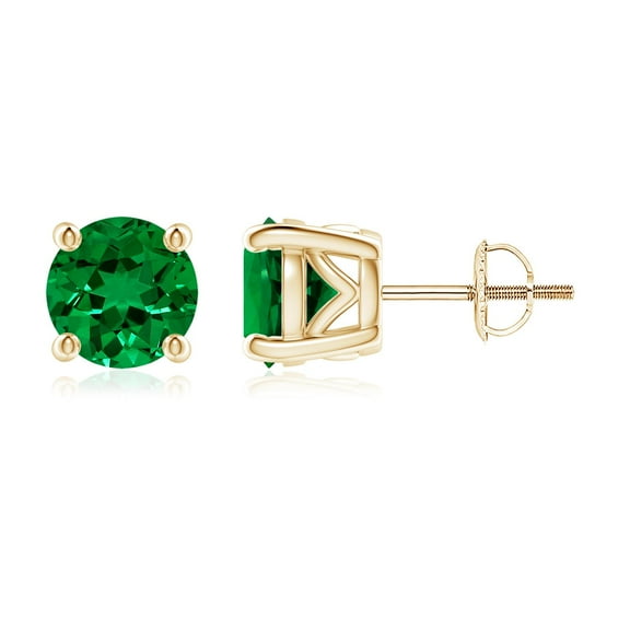 ANGARA Lab Grown 2.4 Ct Vintage Style Round Emerald Solitaire Stud Earrings for Women in 14K Yellow Gold (Size-7mm) | May Birthstone, Anniversary, Jewelry Gift for Women | Lab-Grown Emerald Earrings
