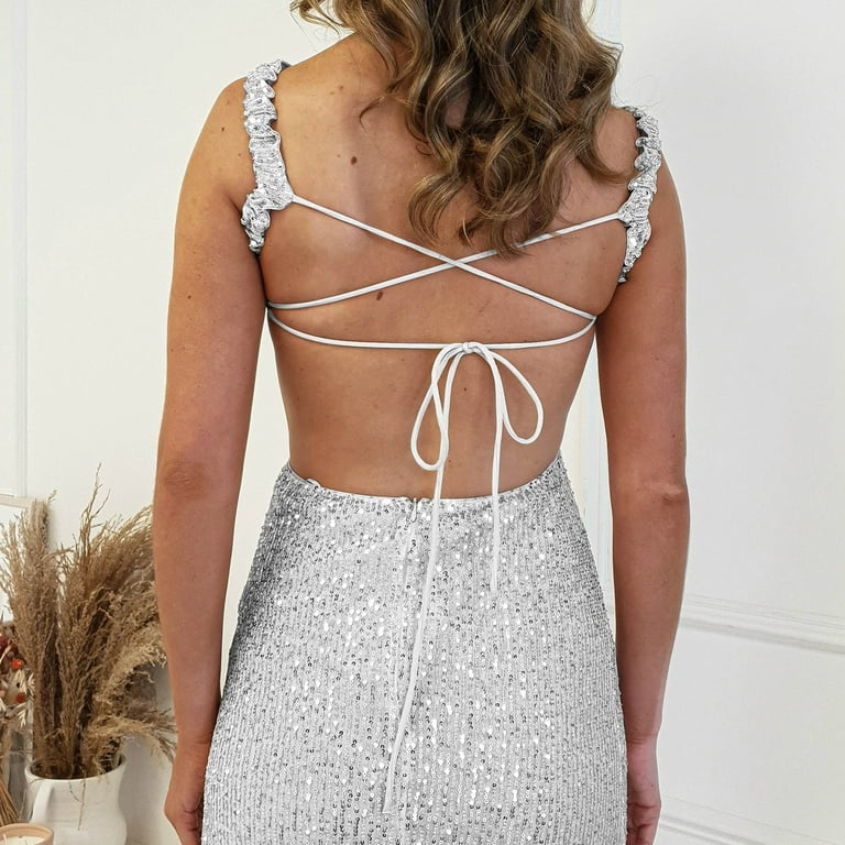 silver loose dress Adoria Sequin Cut Out Maxi Dress - Silver