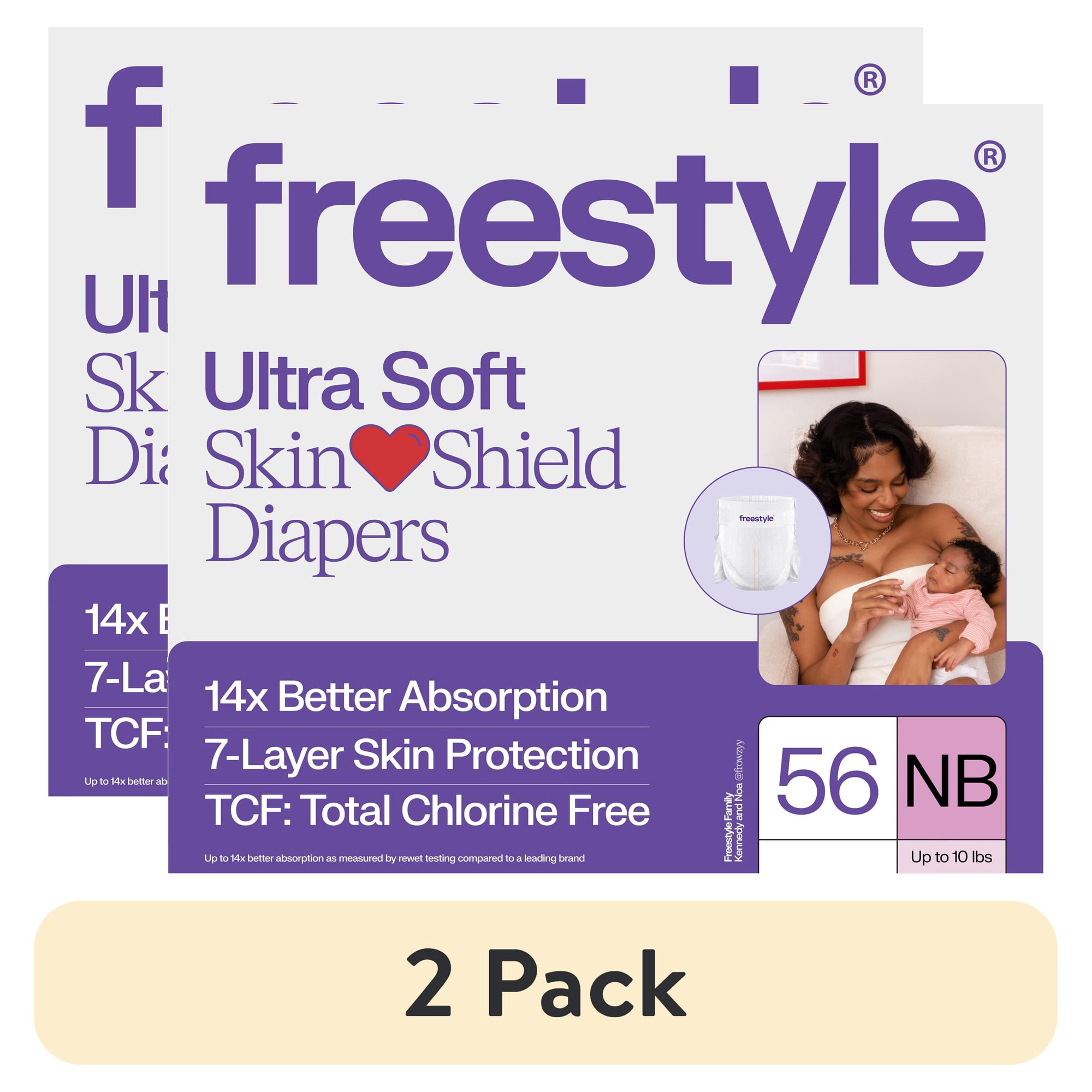 (2 pack) Freestyle Total Chlorine Free 14x Better Absorption Hypoallergenic EWG Verified® Baby Diapers, Newborn (Up to 10 lbs), 56 Count