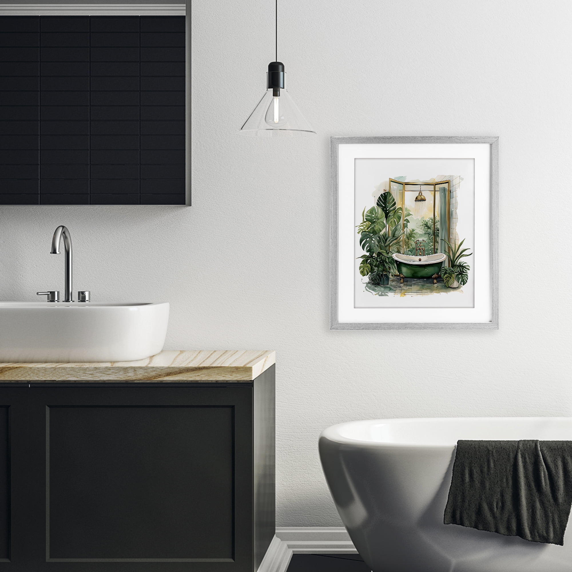 Bathtub in Tropical Oasis Gray Framed Print Under Glass, design by Lettered and Lined