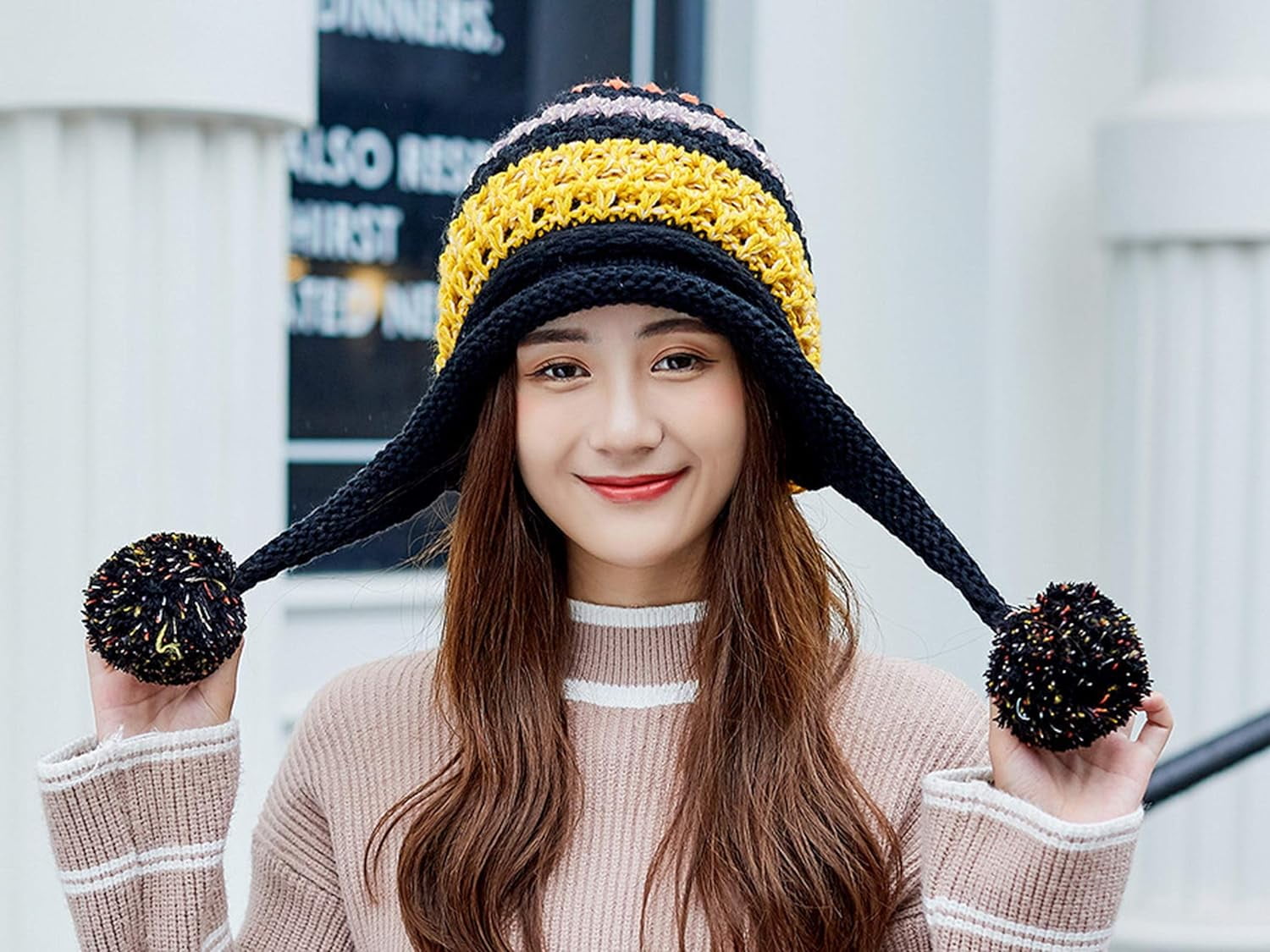 YooGuoGuo Women Fleece Lined Beanie Cap Contrast Color Warm Knitted Ski Hat w/Earflap Pom
