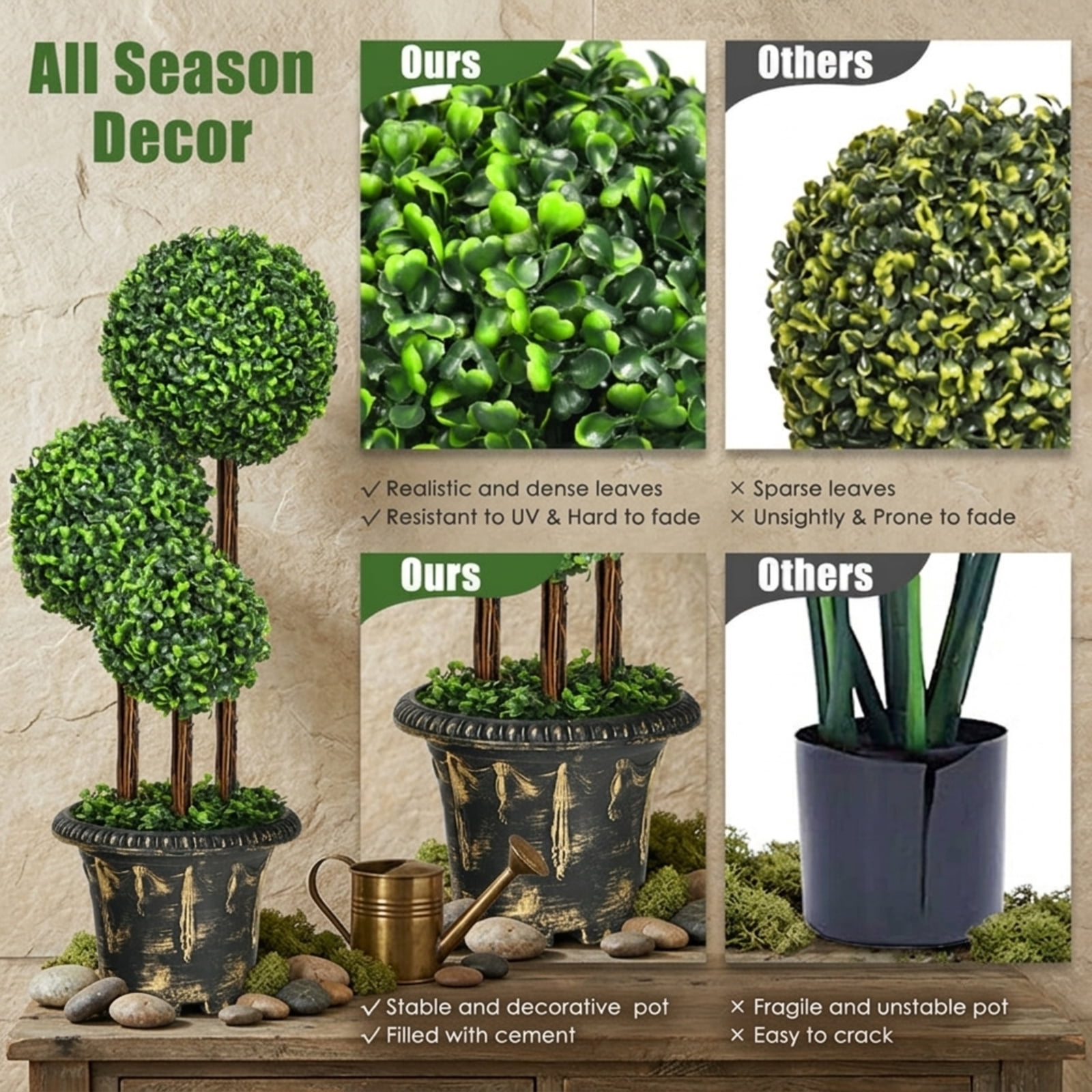 Vebreda Artificial Plant Decor, 36-Inch Artificial Topiary Triple Ball Tree for Indoor and Outdoor, Realistic and Lifelike Appearance