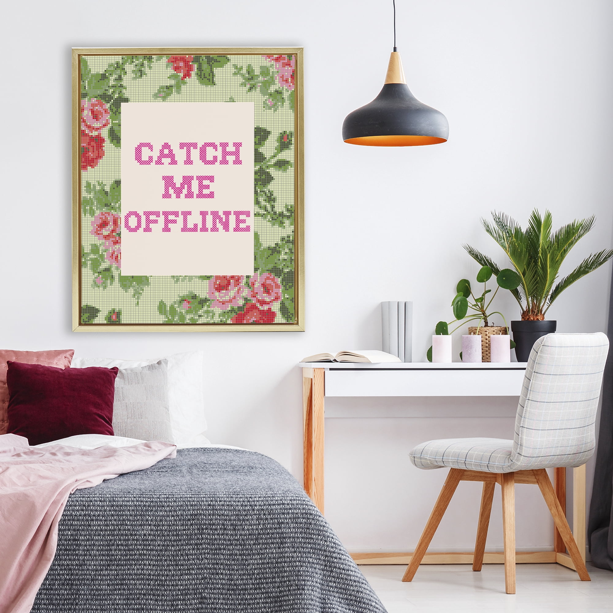 Stupell Industries Catch Me Offline Faux Cross Stitch Gold Framed Floater Canvas Wall Art, design by Lil' Rue