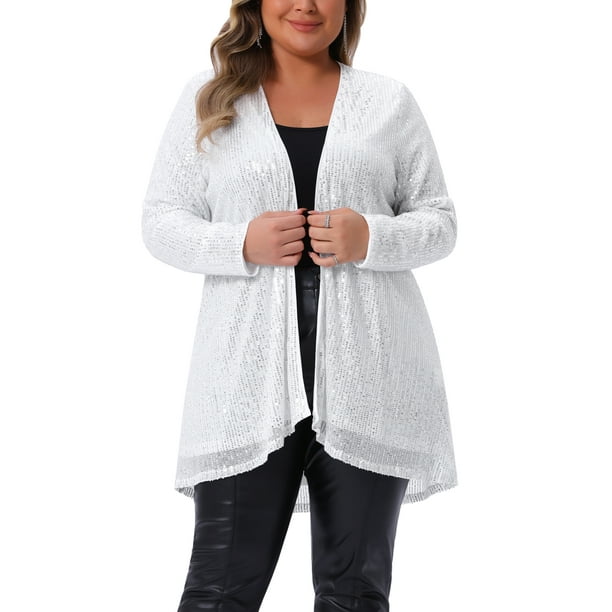 Cárdigan de lentejuelas para mujer de tallas grandes Agnes Orinda, abrigo de manga larga con frente abierto, chaqueta brillante 4X plateada