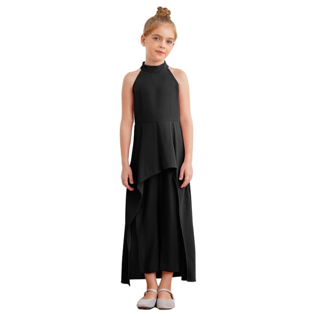 LiiYii Girls Summer Birthday Jumpsuit for Wedding Pageant Party Ruffle Rompers Flare Bell Bottom Black 10