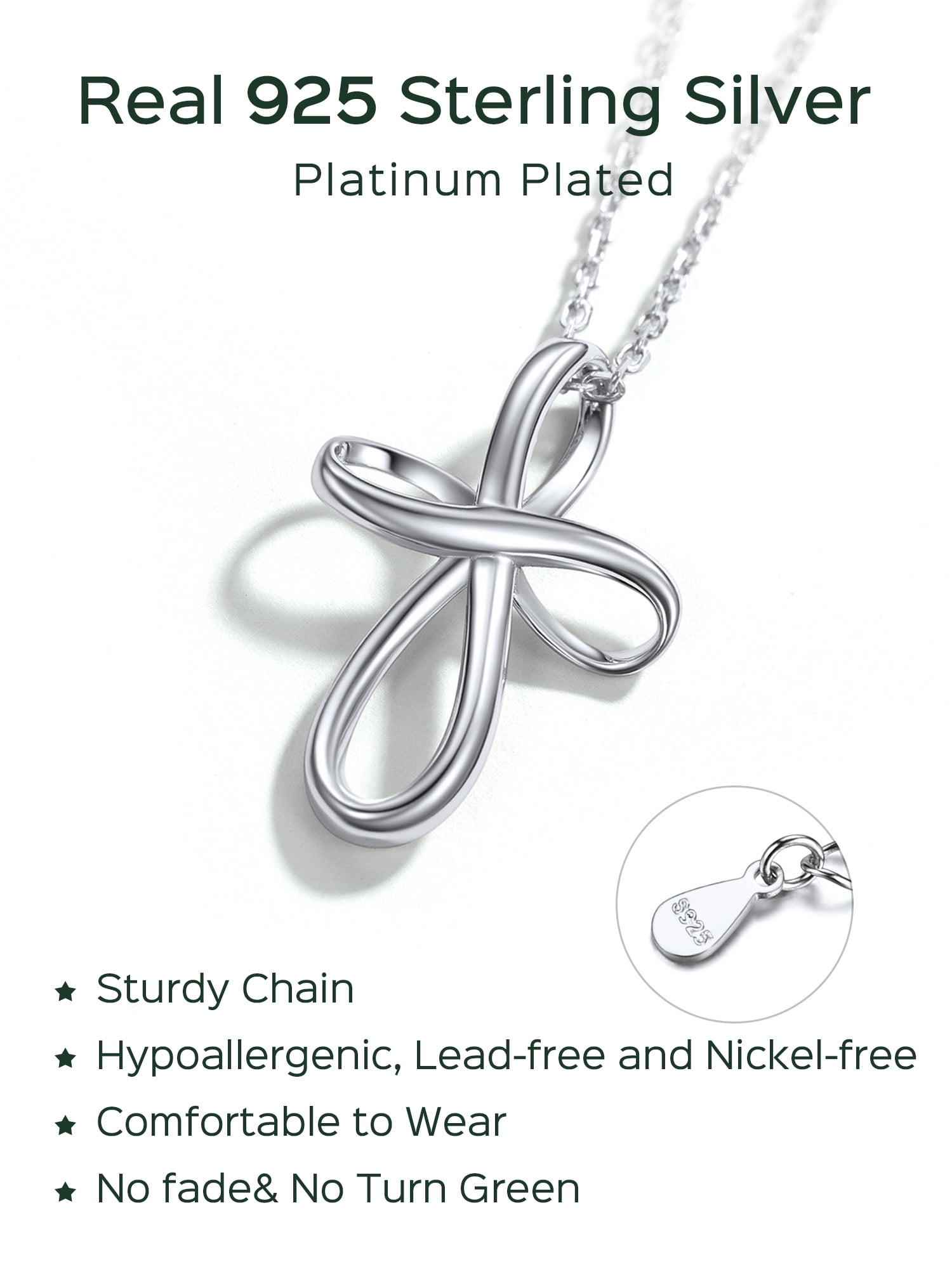ChicSilver Infinity Cross Necklace Sterling Silver Twisted Cross Pendants Religious Jewelry Gifts for Women 18+2 Inch