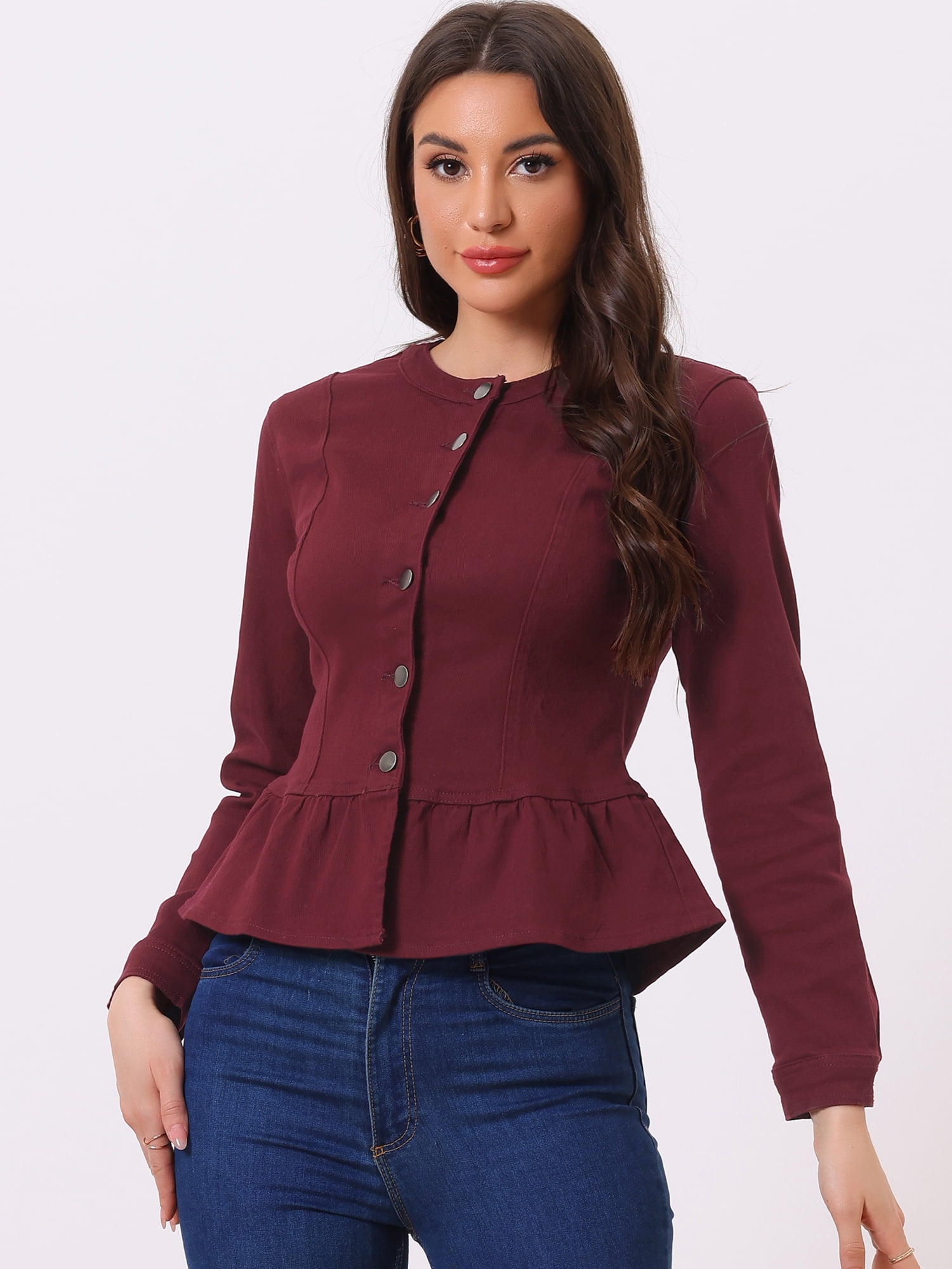 DARING DIVA Women's Button Down Cropped Ruffle Hem Denim Jacket M Burgundy