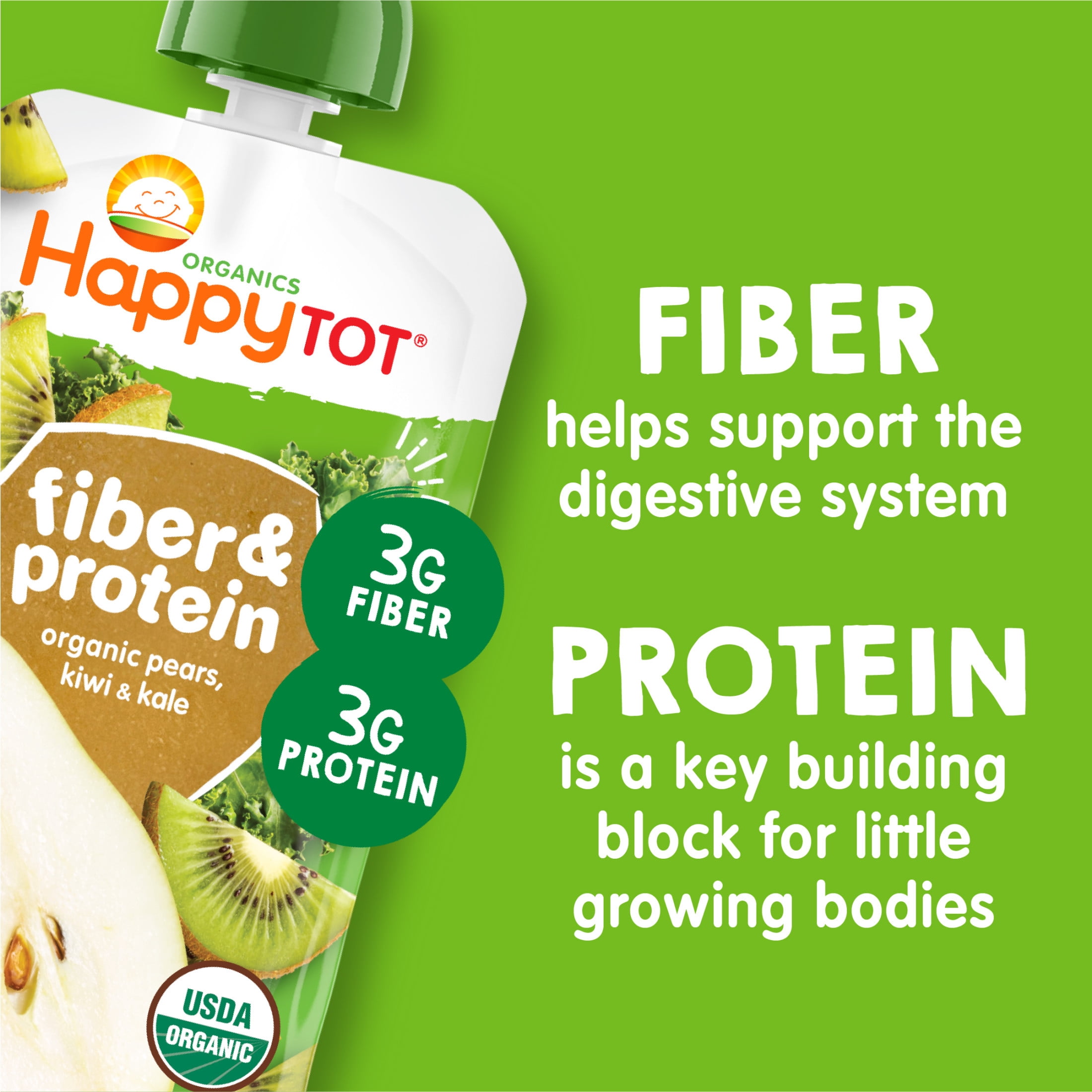 (12 pack) Happy Tot Organics Fiber & Protein Stage 4, Pears Kiwi & Kale Organic Tot Food, 4 oz. Pouch