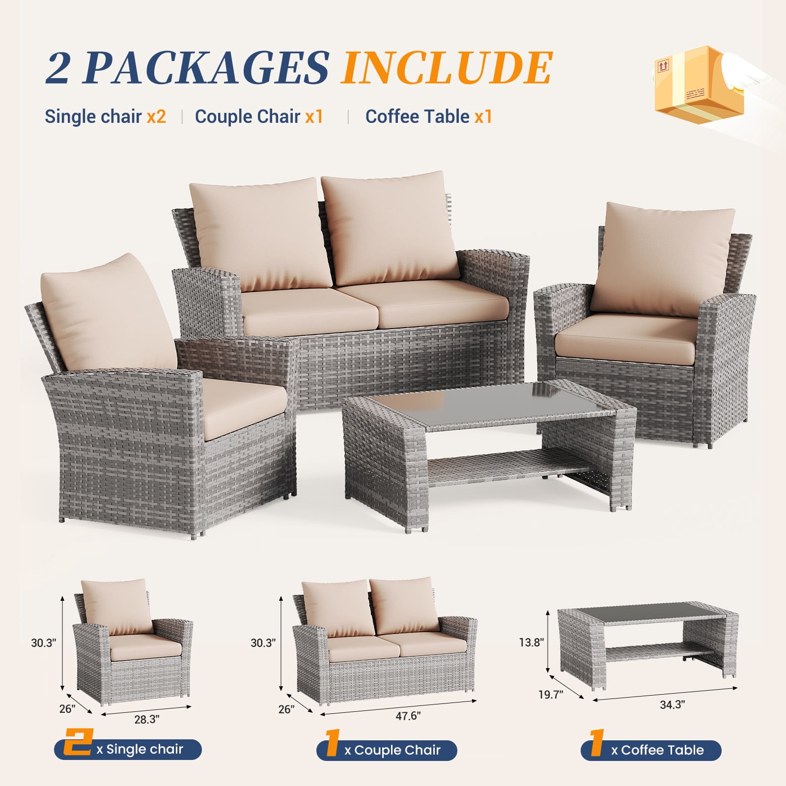 ELPOSUN Wicker Patio Furniture Set, 4 Piece Outdoor Sectional Conversation Sets, Gray PE Rattan Patio Sofa Set for Balcony, Porch, Backyard, Khaki