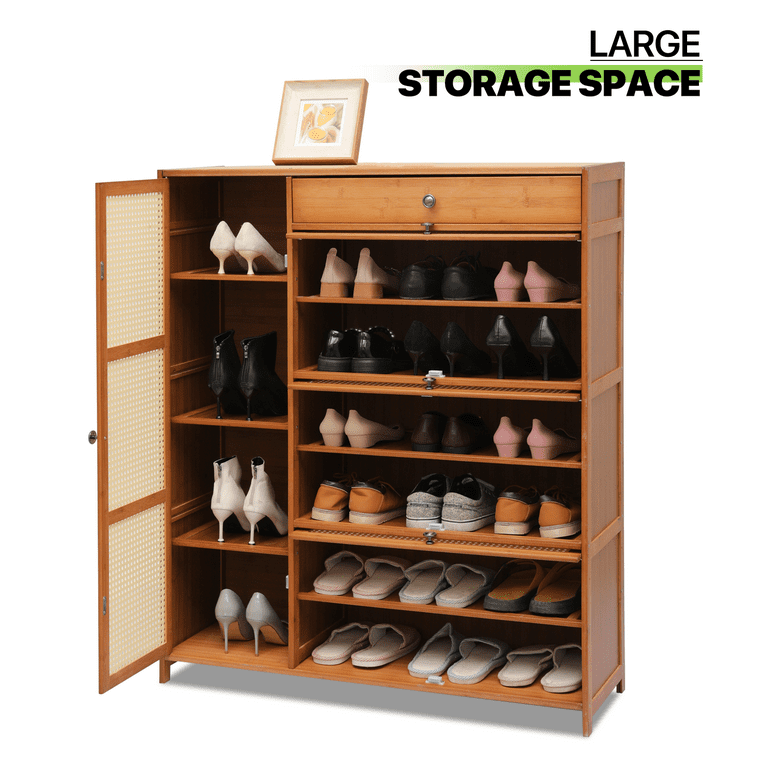 Magshion Bamboo Shoe Cabinet, 28 Pairs, 6-Shelves, Rattan Doors