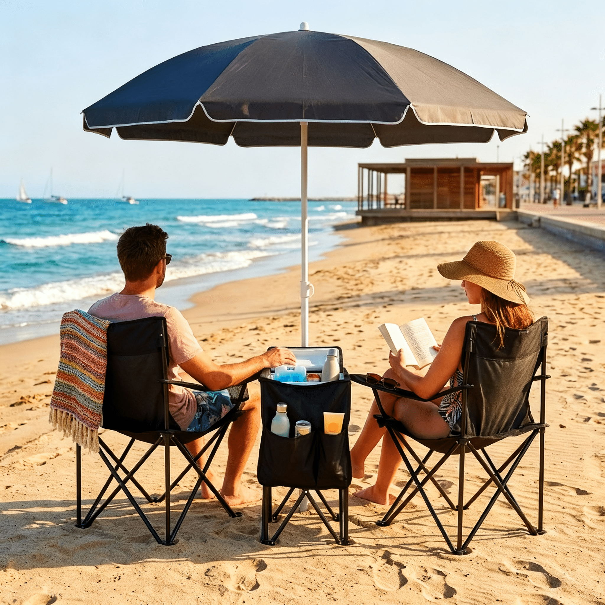 Portable Folding Picnic Chair Set with Umbrella, 2-Person Outdoor Camping Chairs Cup Holders, Foldable Beach Chair Set for Patio, Camping, Backyard, Black