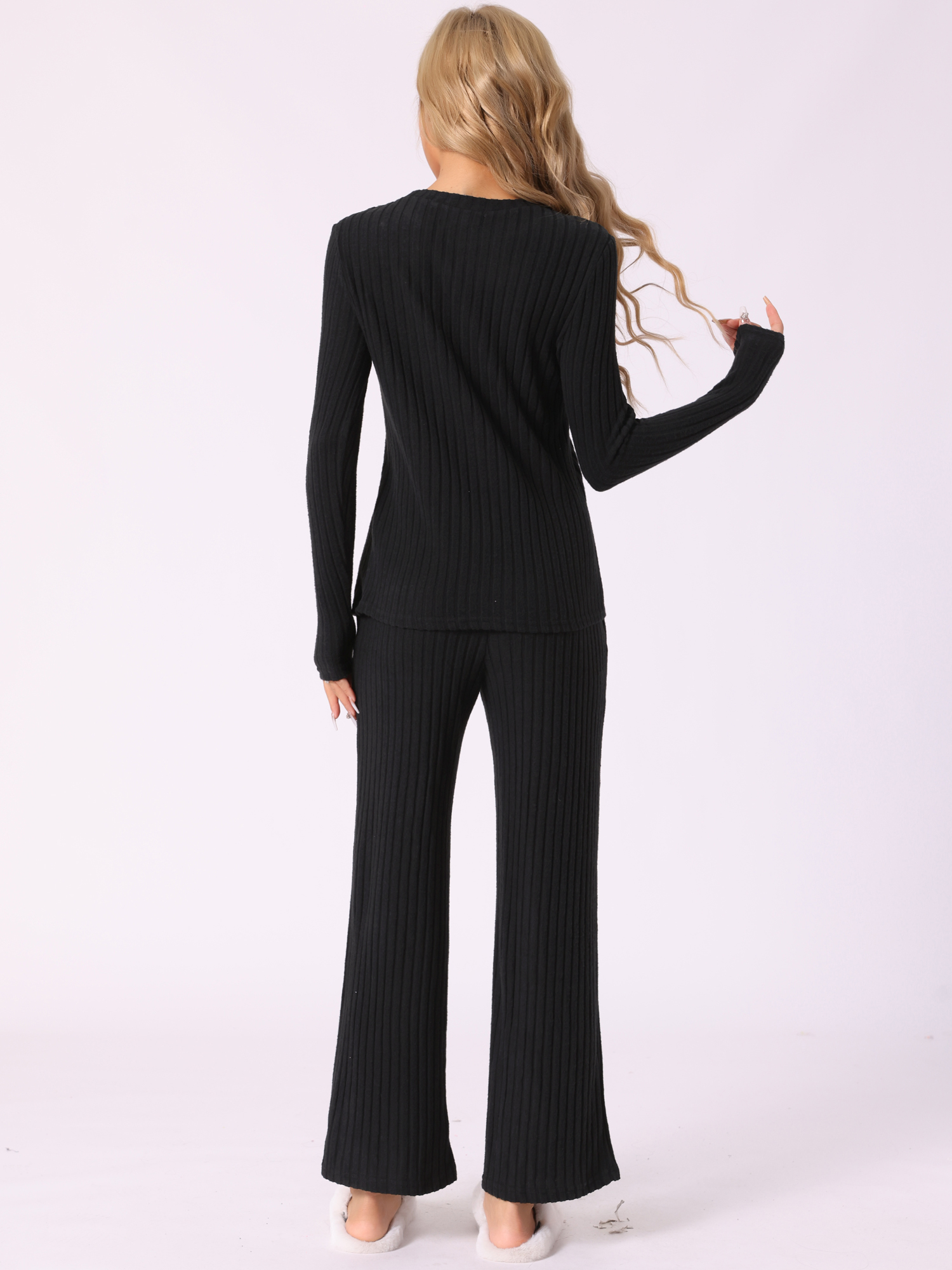 DARING DIVA Women's Knit Long Sleeve Ribbed Sleepwear Soft Crewneck Sets XL Black