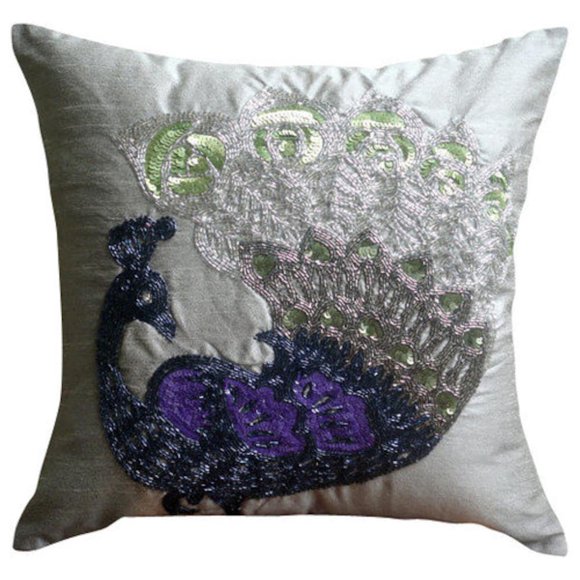 The HomeCentric Euro Sham Decorative Silver Euro Size Pillow Shams Pack of 2 26x26 inch (65x65 cm) Silk European Shams Birds Peacock Dancing Peacock Beaded Traditional Euro - Silver Dancing Peacock