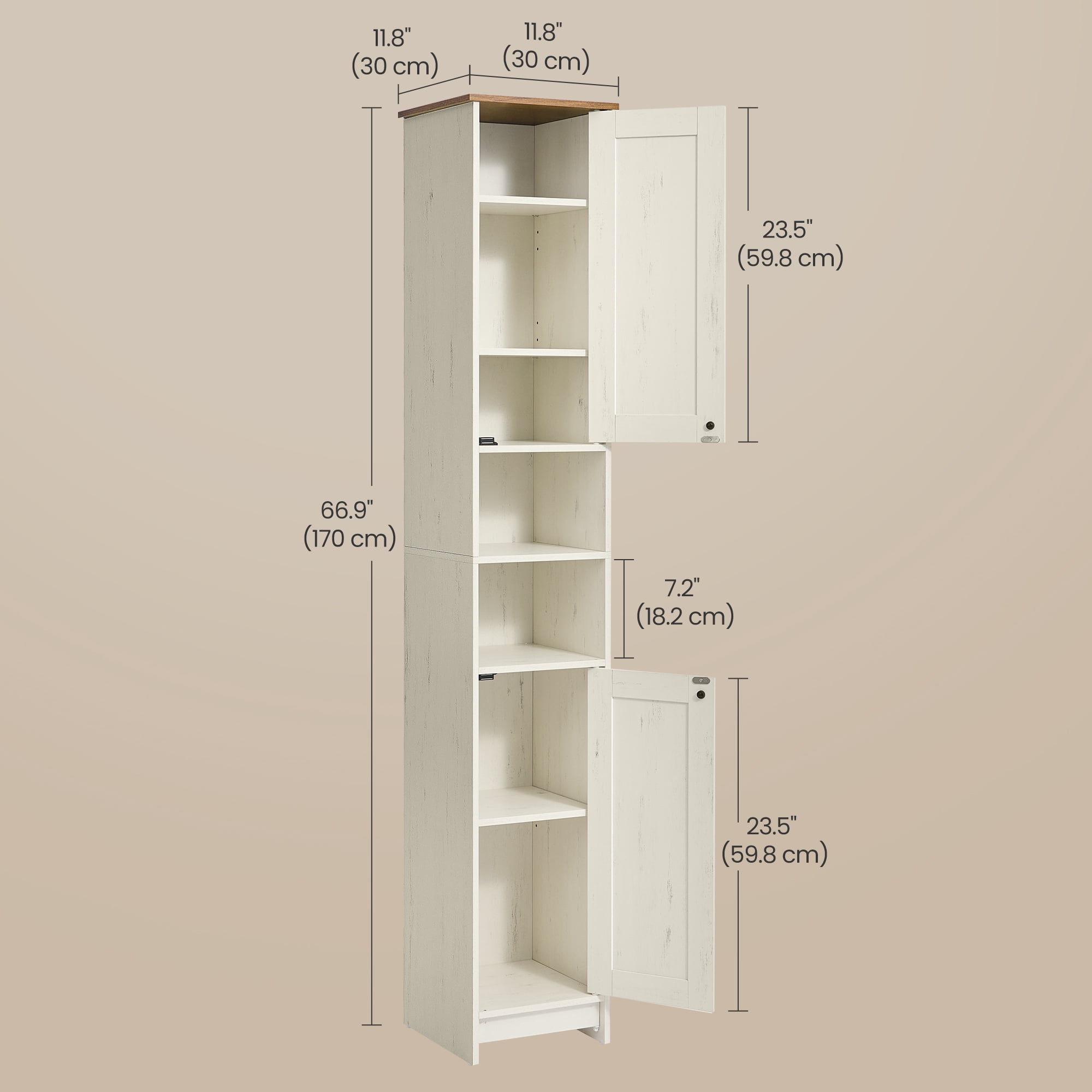 LEDREM 66.9-Inch Tall Storage Cabinet with Toolless Assembly, Slim Narrow Cabinet with Adjustable Shelves & Open Compartments, for Bathroom, Living Room, Rustic White