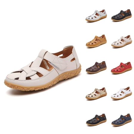 Flat Sandals for Women 2026 Summer Trendy Closed Toe Hook and Loop Ankle Strap Gladiator Beach Sandals
