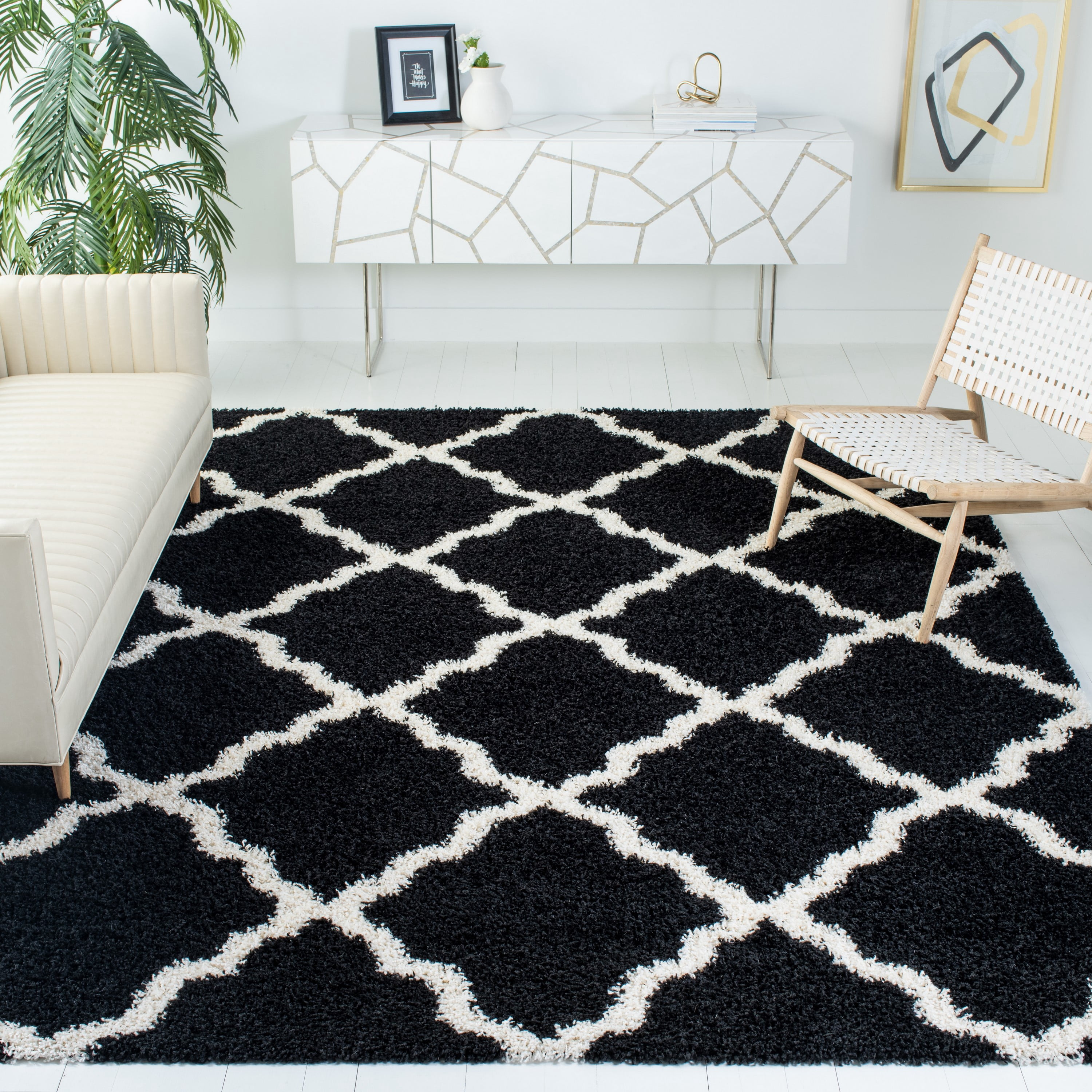 SAFAVIEH Dallas Logan Geometric Shag Area Rug, Black/Ivory, 8'6" x 12'