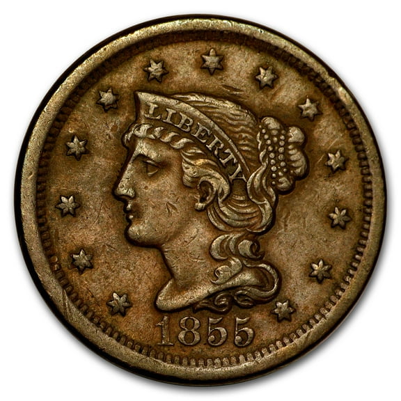 1855 Large Cent Upright 5's AU