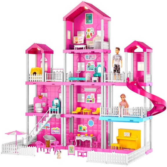 Pink Girl House Toy set for Kids 3 4 5 6 7 8 Years Old - Villa Girl Toys with 4 Floor 10-Room and 2 Dolls, Furniture Accessories, Pretend Play Indoor Toddler Toys Birthday Gifts for 3-5 6-8