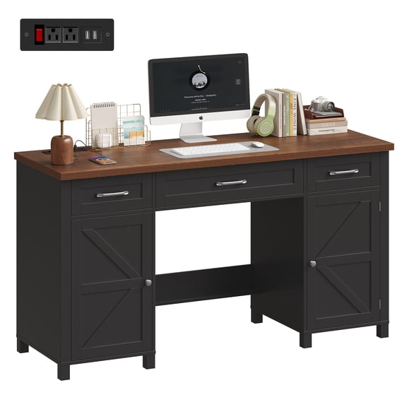 Homfa Computer Desk with Power Outlet, 59.1" Wide Study Desk with Door Shelf, 3-Drawer Modern Executive Desk for Home Office, Black